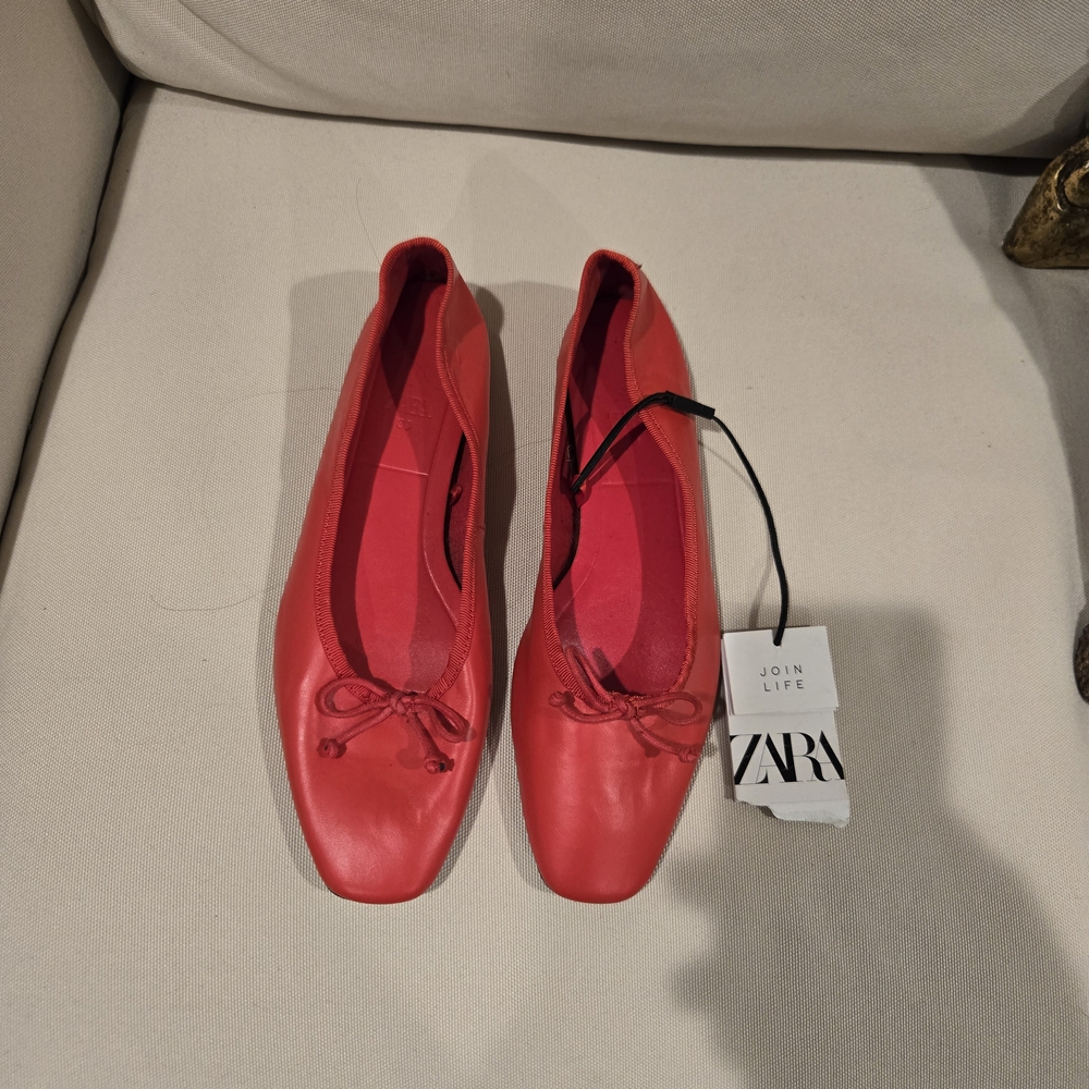 Zara Vibrant Red Leather Flats